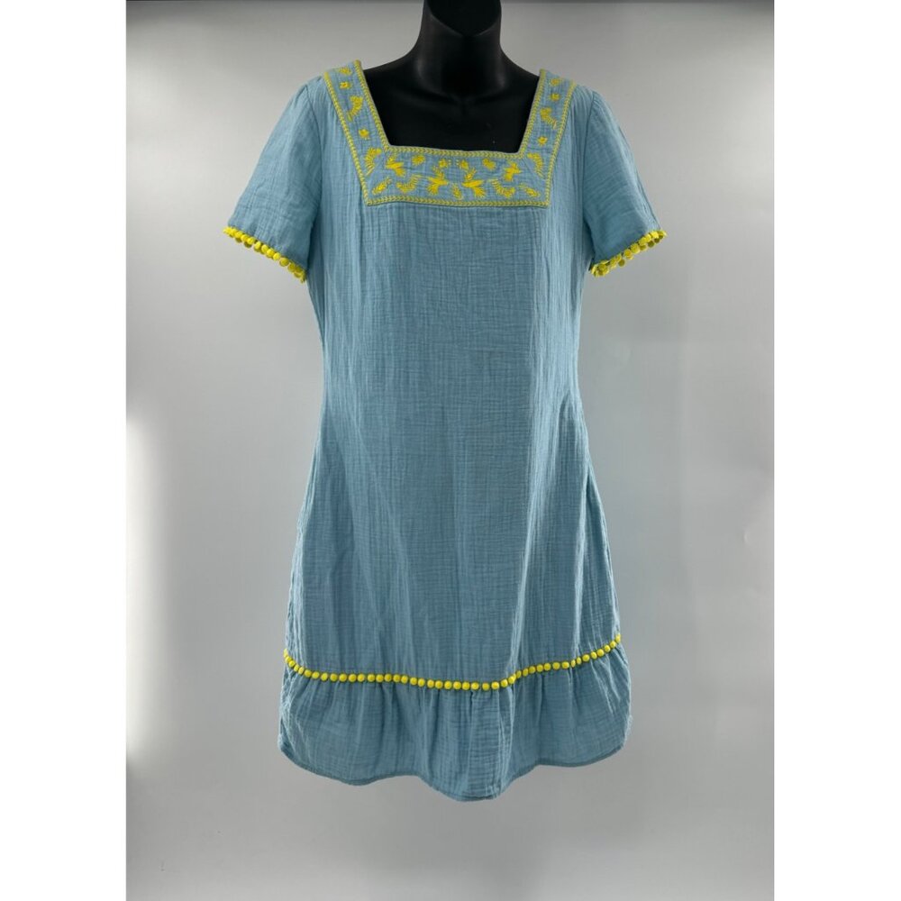 Boden Women's Bernadette Embroidered Blue Cotton Tunic Dress Yellow Trim Size 6